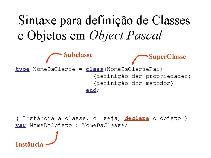 Sintaxe para definição de Classes e Objetos em Object Pascal Subclasse Super. Classe type