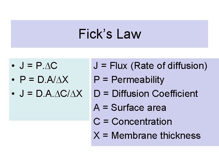 Fick’s Law • J = P. ∆C • P = D. A/∆X • J