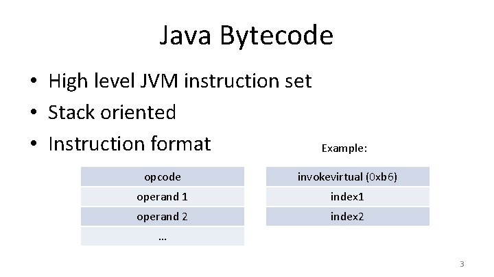Java Bytecode • High level JVM instruction set • Stack oriented • Instruction format