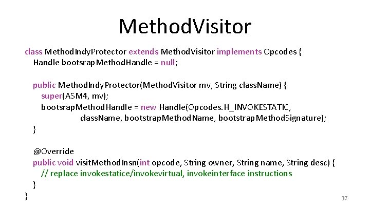 Method. Visitor class Method. Indy. Protector extends Method. Visitor implements Opcodes { Handle bootsrap.