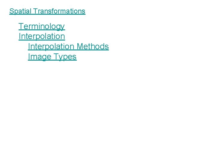 Spatial Transformations Terminology Interpolation Methods Image Types Spatial Transformations Terminology Interpolation Methods Image Types