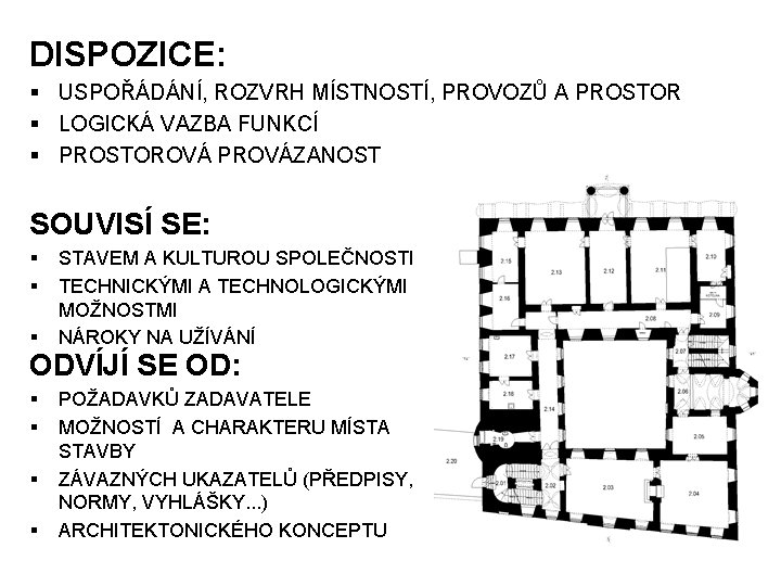 DISPOZICE: § USPOŘÁDÁNÍ, ROZVRH MÍSTNOSTÍ, PROVOZŮ A PROSTOR § LOGICKÁ VAZBA FUNKCÍ § PROSTOROVÁ