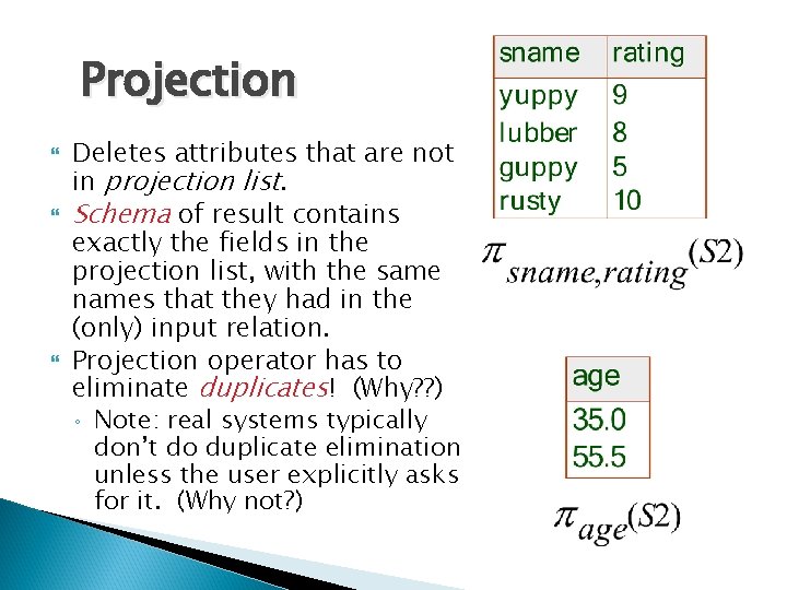 Projection Deletes attributes that are not in projection list. Schema of result contains exactly