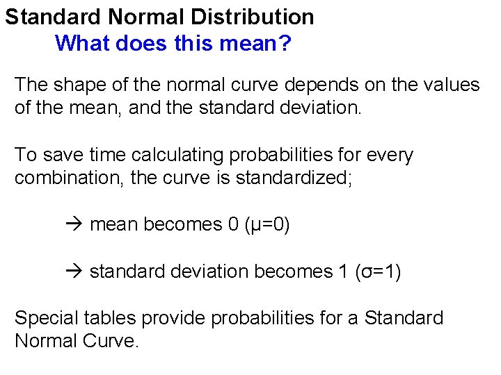 Standard Normal Distribution What does this mean? The shape of the normal curve depends Standard Normal Distribution What does this mean? The shape of the normal curve depends