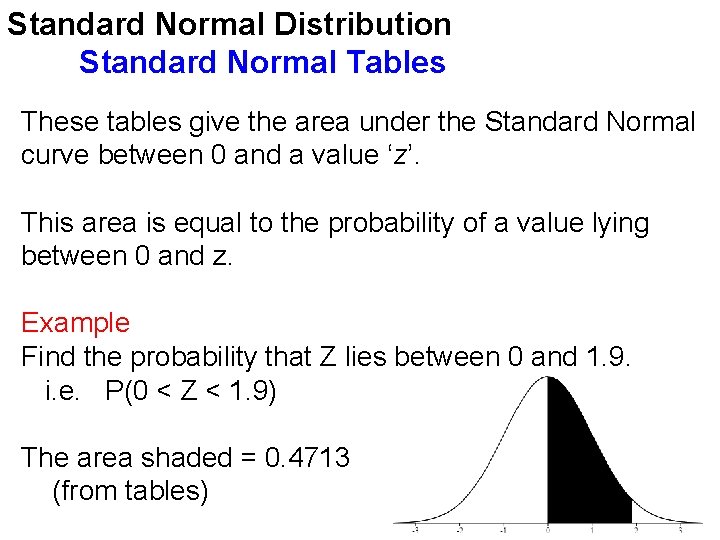 Standard Normal Distribution Standard Normal Tables These tables give the area under the Standard Standard Normal Distribution Standard Normal Tables These tables give the area under the Standard