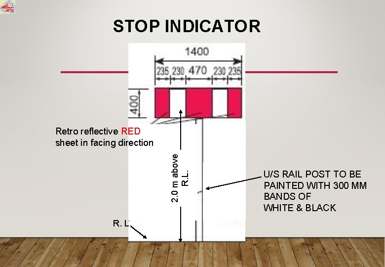 STOP INDICATOR 2. 0 m above R. L. Retro reflective RED sheet in facing