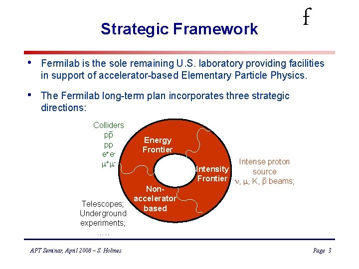 Strategic Framework f • Fermilab is the sole remaining U. S. laboratory providing facilities