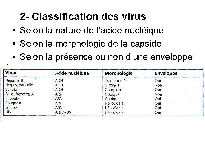 2 - Classification des virus • Selon la nature de l’acide nucléique • Selon