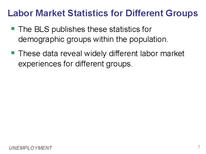 Labor Market Statistics for Different Groups § The BLS publishes these statistics for demographic