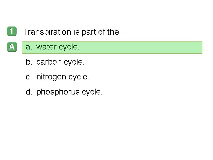 3– 3 Transpiration is part of the a. water cycle. b. carbon cycle. c.