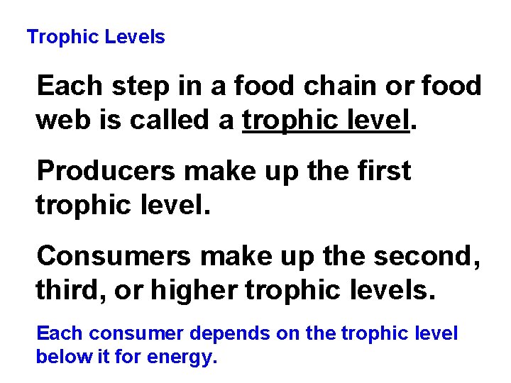 Trophic Levels Each step in a food chain or food web is called a