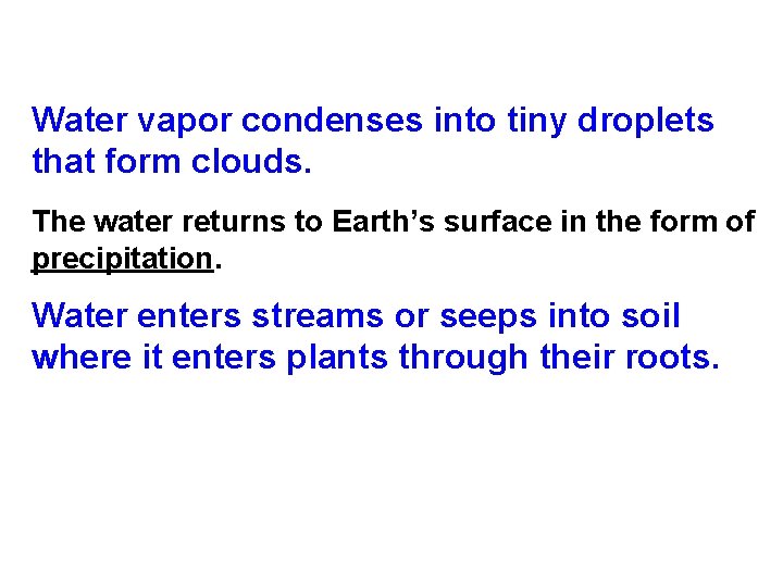 Water vapor condenses into tiny droplets that form clouds. The water returns to Earth’s