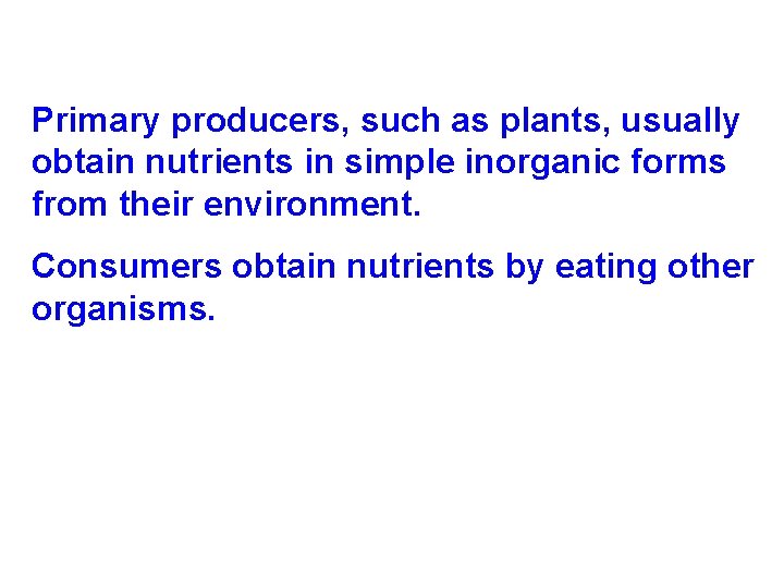 Primary producers, such as plants, usually obtain nutrients in simple inorganic forms from their Primary producers, such as plants, usually obtain nutrients in simple inorganic forms from their