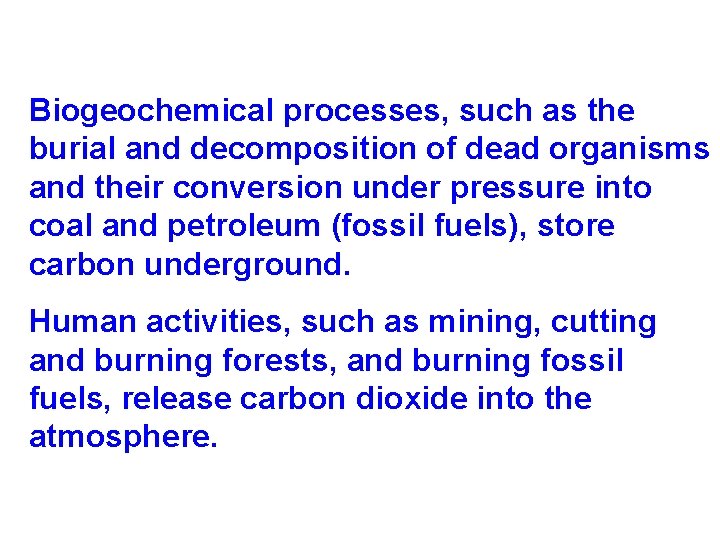 Biogeochemical processes, such as the burial and decomposition of dead organisms and their conversion Biogeochemical processes, such as the burial and decomposition of dead organisms and their conversion