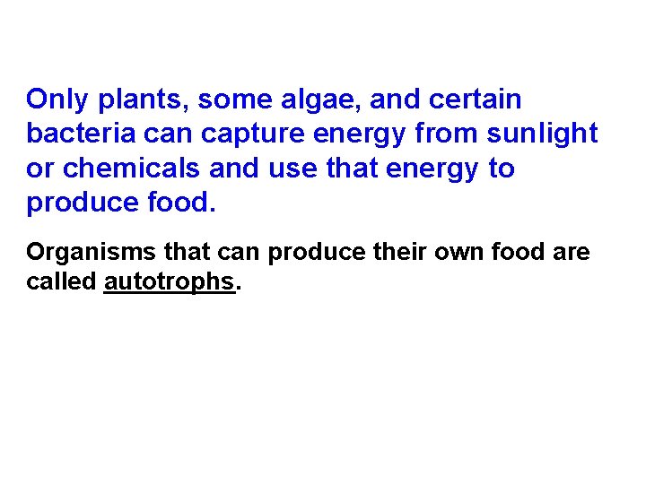 Only plants, some algae, and certain bacteria can capture energy from sunlight or chemicals Only plants, some algae, and certain bacteria can capture energy from sunlight or chemicals