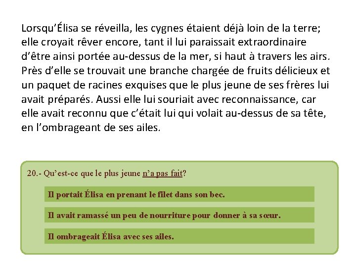 Lorsqu’Élisa se réveilla, les cygnes étaient déjà loin de la terre; elle croyait rêver