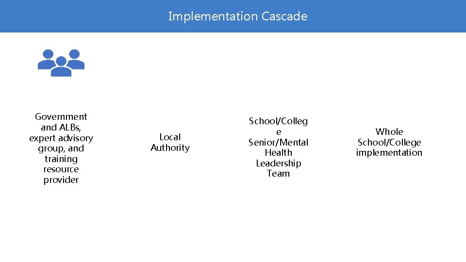 Implementation Cascade Government and ALBs, expert advisory group, and training resource provider Local Authority