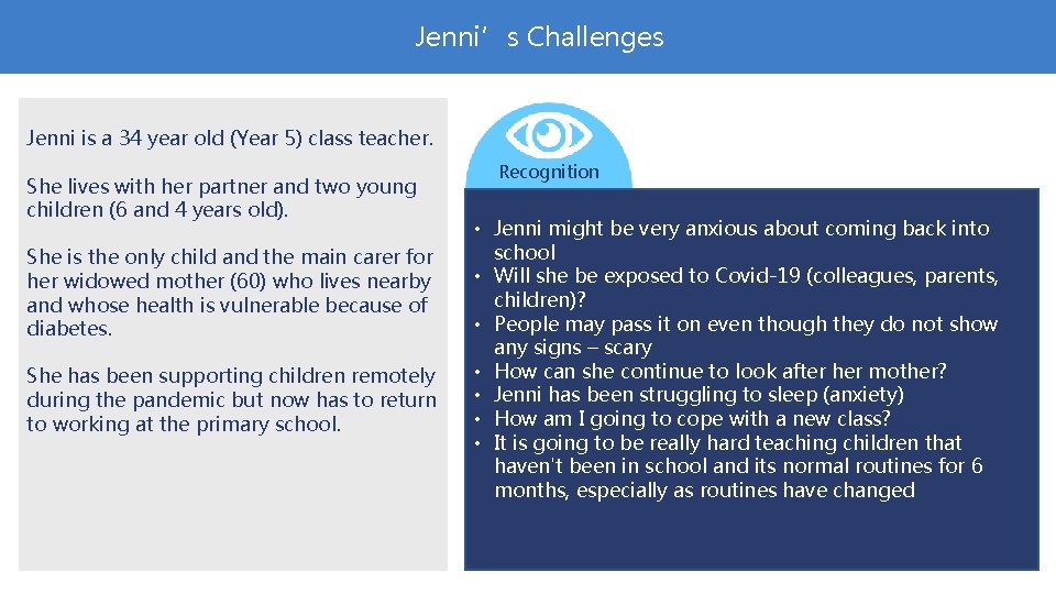 Jenni’s Challenges Jenni is a 34 year old (Year 5) class teacher. She lives