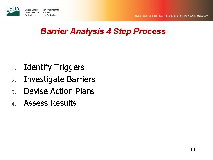 Barrier Analysis 4 Step Process 1. 2. 3. 4. Identify Triggers Investigate Barriers Devise