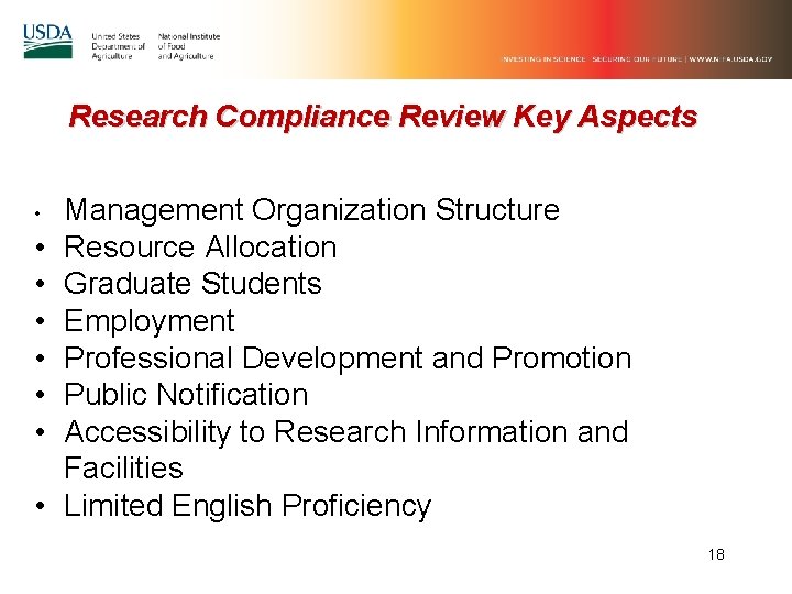 Research Compliance Review Key Aspects • • Management Organization Structure Resource Allocation Graduate Students