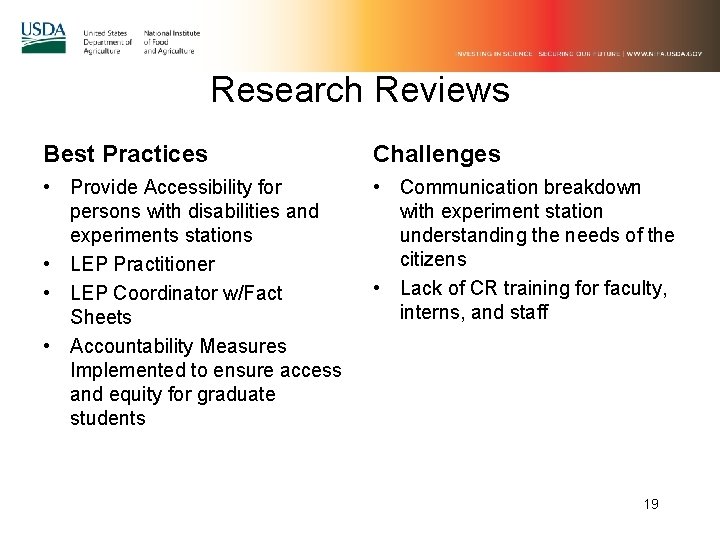 Research Reviews Best Practices Challenges • Provide Accessibility for persons with disabilities and experiments