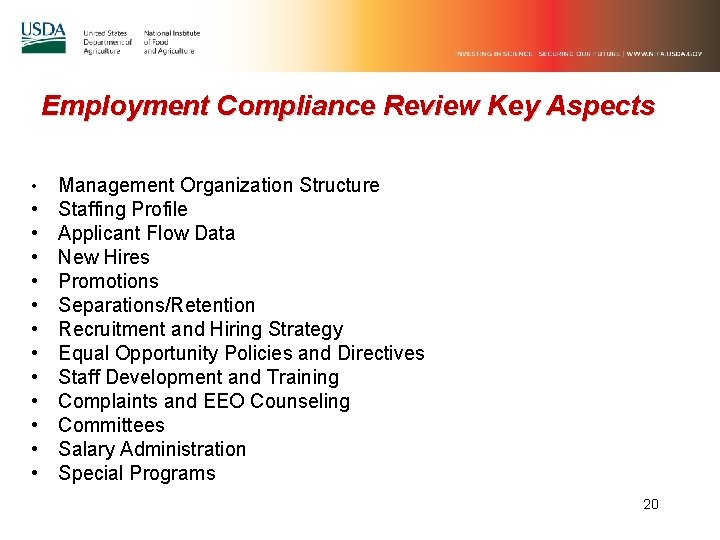 Employment Compliance Review Key Aspects • • • • Management Organization Structure Staffing Profile