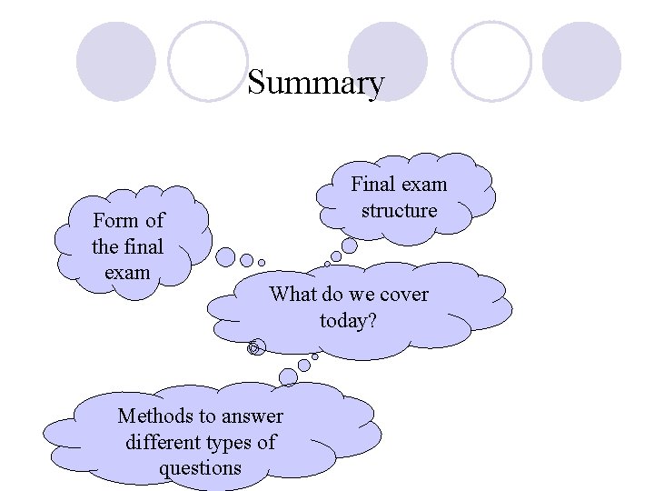 Summary Form of the final exam Final exam structure What do we cover today?