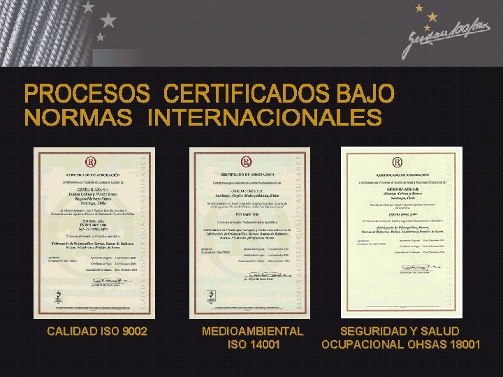 CALIDAD ISO 9002 MEDIOAMBIENTAL ISO 14001 SEGURIDAD Y SALUD OCUPACIONAL OHSAS 18001 