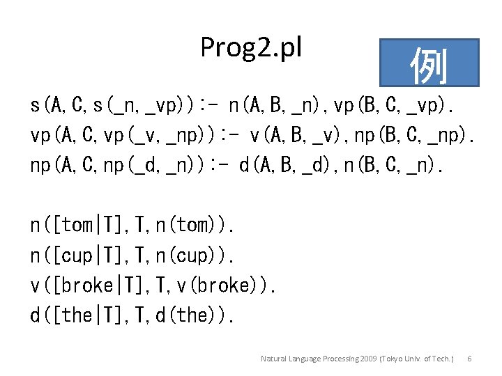 Prog 2. pl 例 s(A, C, s(_n, _vp)): - n(A, B, _n), vp(B, C,