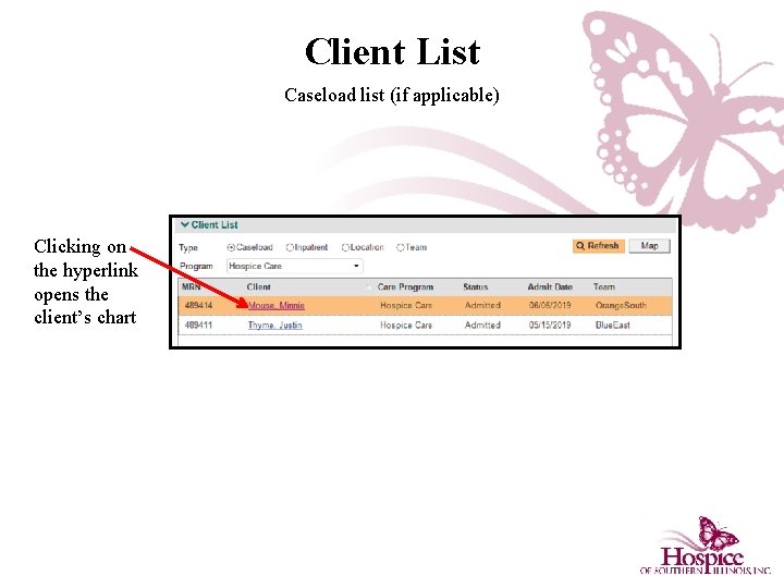 Client List Caseload list (if applicable) Clicking on the hyperlink opens the client’s chart