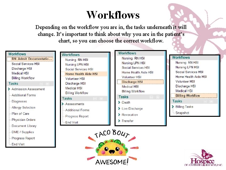 Workflows Depending on the workflow you are in, the tasks underneath it will change.