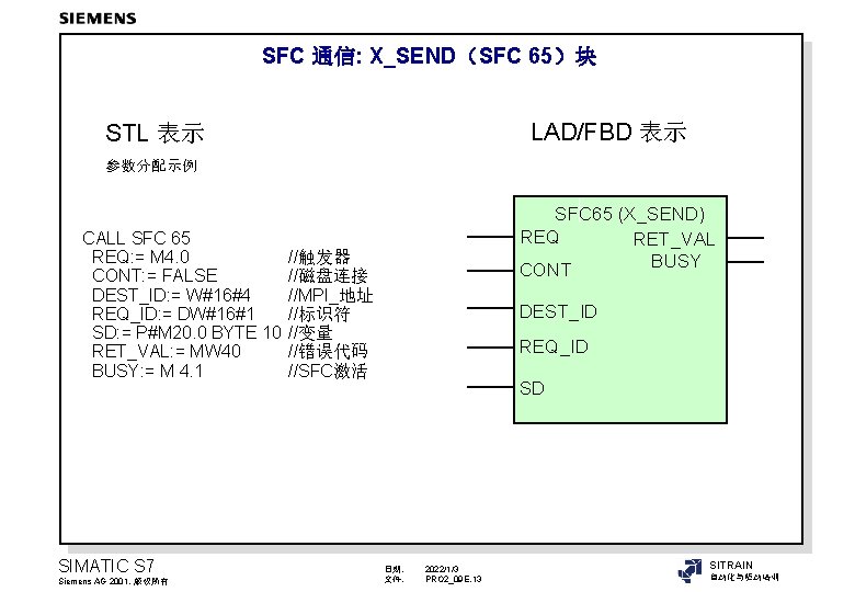 SFC 通信: X_SEND（SFC 65）块 LAD/FBD 表示 STL 表示 参数分配示例 CALL SFC 65 REQ: =