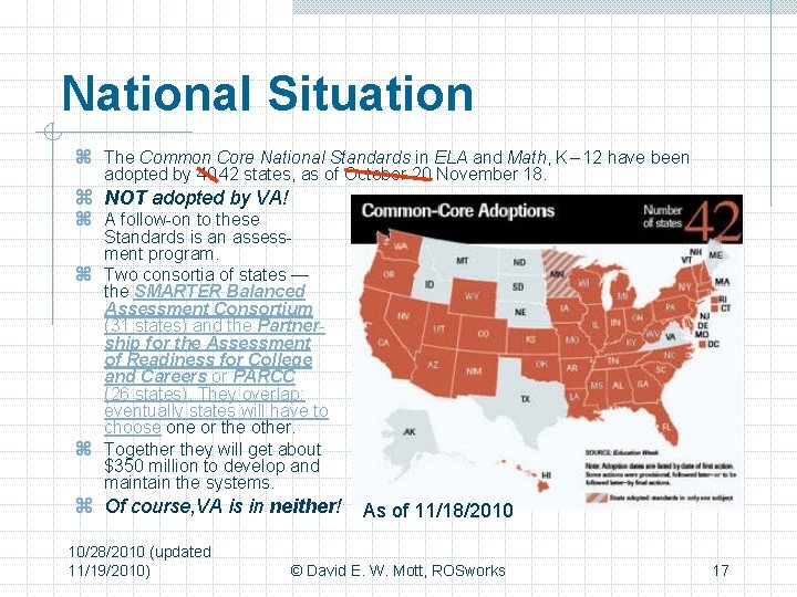 National Situation z The Common Core National Standards in ELA and Math, K –