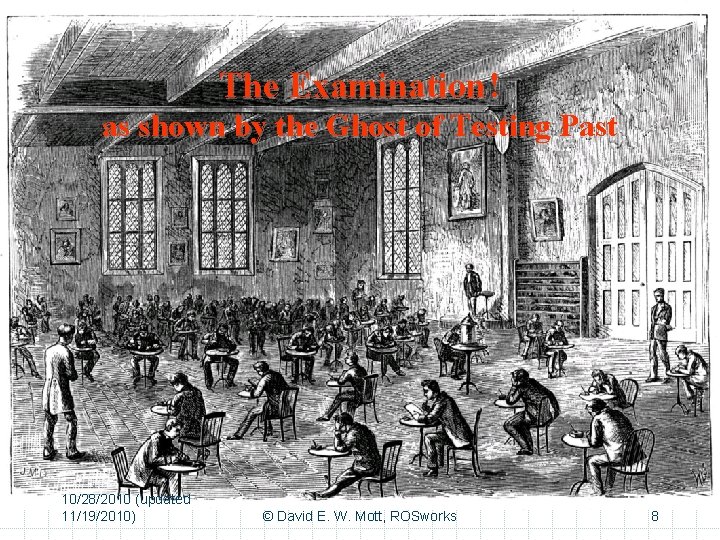 The Examination – Large room, Examinees (seated apart) some looking desperate, Invigulators, Hourglass, Closed