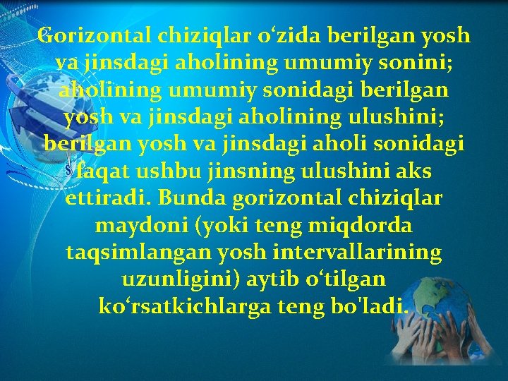 Gorizontal chiziqlar o‘zida berilgan yosh va jinsdagi aholining umumiy sonini; aholining umumiy sonidagi berilgan