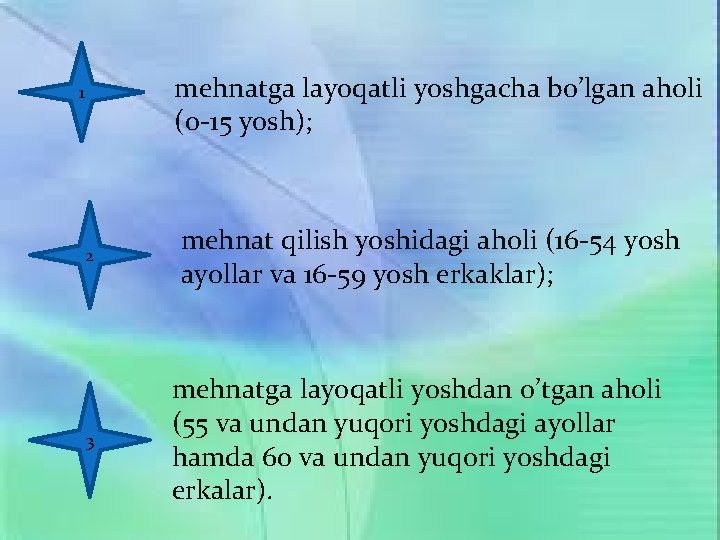 mehnatga layoqatli yoshgacha bo’lgan aholi (0 -15 yosh); 1 2 3 mehnat qilish yoshidagi