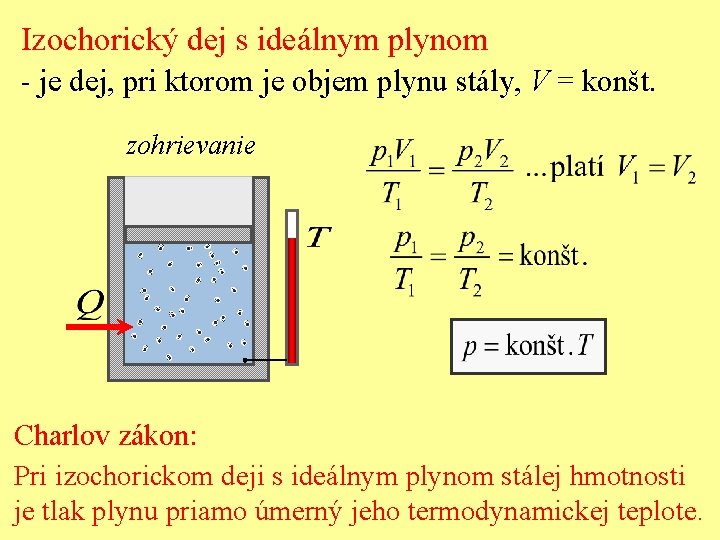 Izochorický dej s ideálnym plynom - je dej, pri ktorom je objem plynu stály,