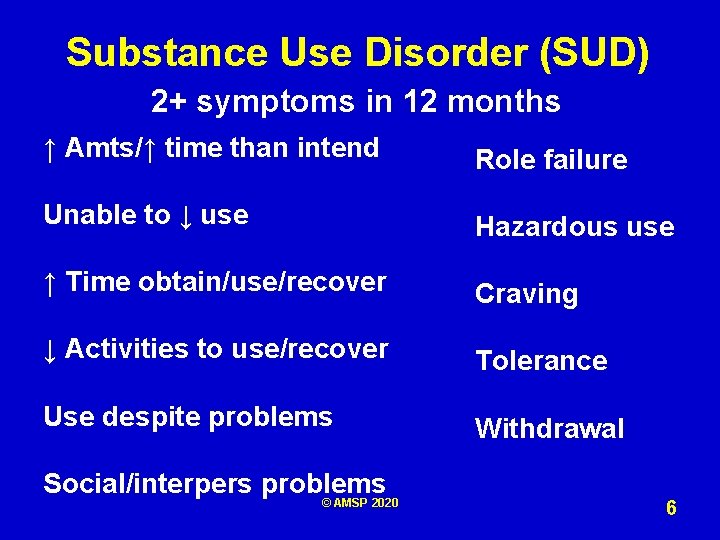 Substance Use Disorder (SUD) 2+ symptoms in 12 months ↑ Amts/↑ time than intend