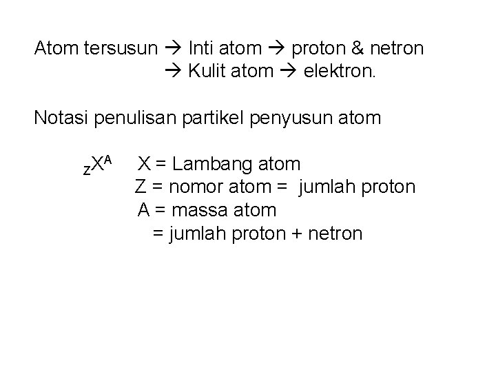Atom tersusun Inti atom proton & netron Kulit atom elektron. Notasi penulisan partikel penyusun Atom tersusun Inti atom proton & netron Kulit atom elektron. Notasi penulisan partikel penyusun