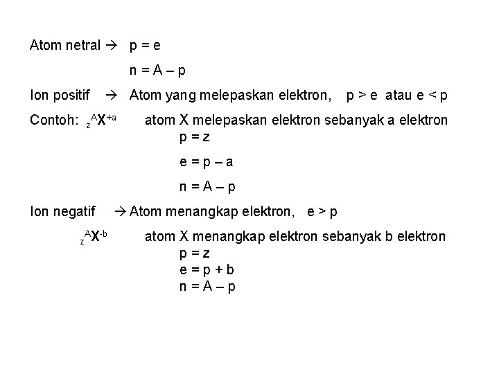 Atom netral p = e n=A–p Ion positif Contoh: z Atom yang melepaskan elektron, Atom netral p = e n=A–p Ion positif Contoh: z Atom yang melepaskan elektron,
