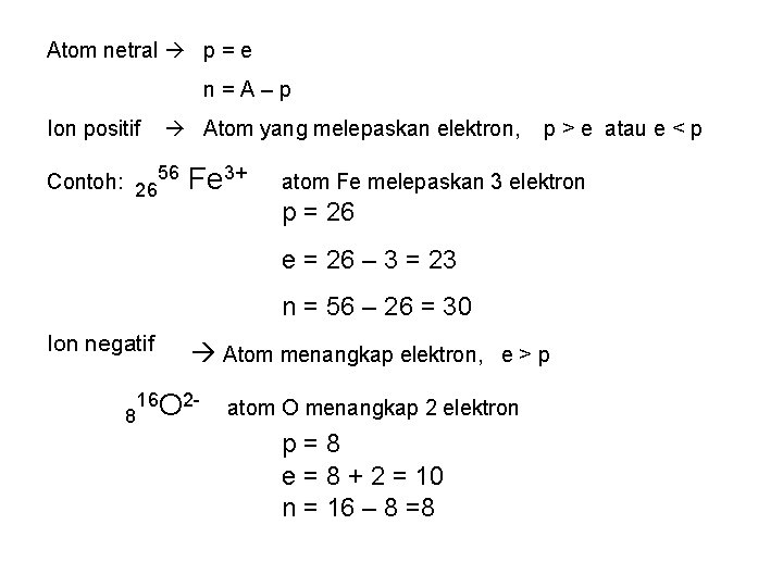 Atom netral p = e n=A–p Ion positif Atom yang melepaskan elektron, Contoh: 2656 Atom netral p = e n=A–p Ion positif Atom yang melepaskan elektron, Contoh: 2656