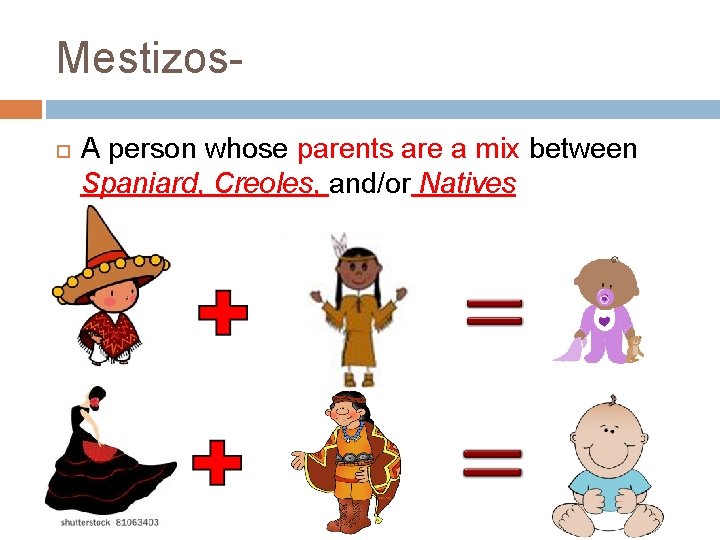 Mestizos A person whose parents are a mix between Spaniard, Creoles, and/or Natives 
