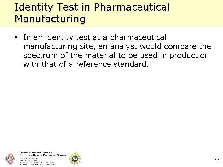 Identity Test in Pharmaceutical Manufacturing • In an identity test at a pharmaceutical manufacturing