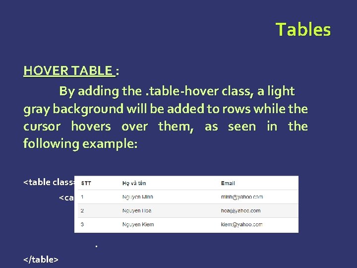 Tables HOVER TABLE : By adding the. table-hover class, a light gray background will Tables HOVER TABLE : By adding the. table-hover class, a light gray background will
