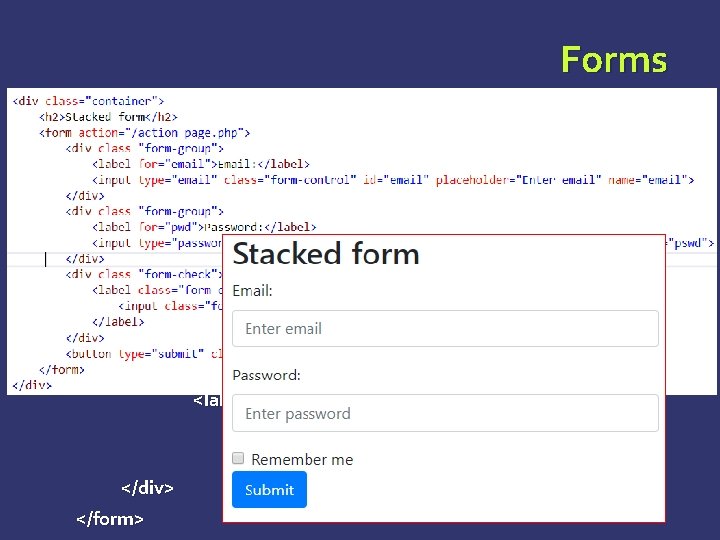 Forms VERTICAL OR BASIC FORM: Ø Add a role form to the parent <form> Forms VERTICAL OR BASIC FORM: Ø Add a role form to the parent <form>