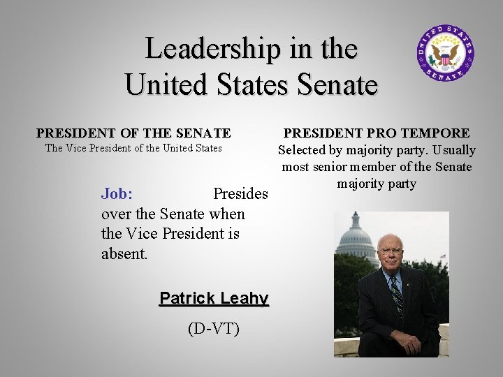 Leadership in the United States Senate PRESIDENT OF THE SENATE The Vice President of