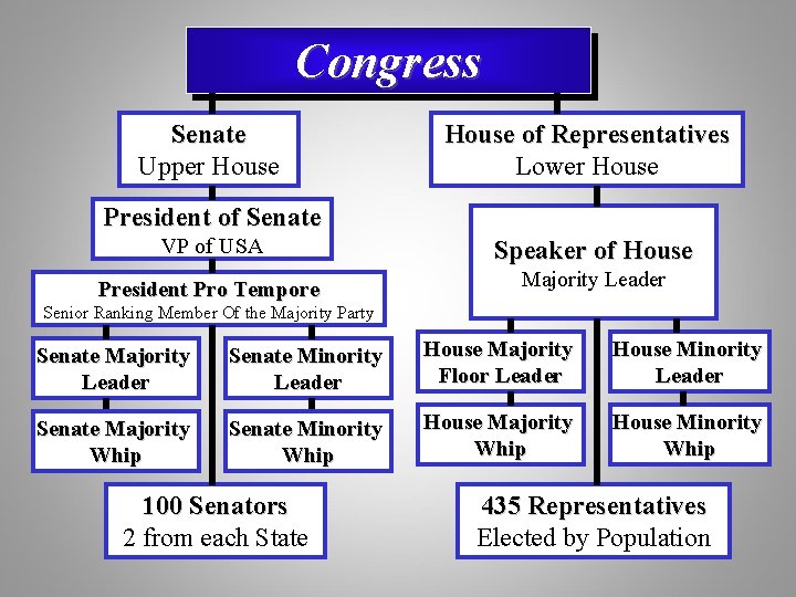 Congress Senate Upper House of Representatives Lower House President of Senate VP of USA