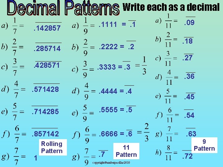 Write each as a decimal. 14285714. 428571 . 1111 =. 1. 2222 =. 2