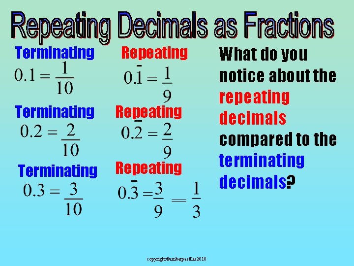 Terminating Repeating copyright©amberpasillas 2010 What do you notice about the repeating decimals compared to