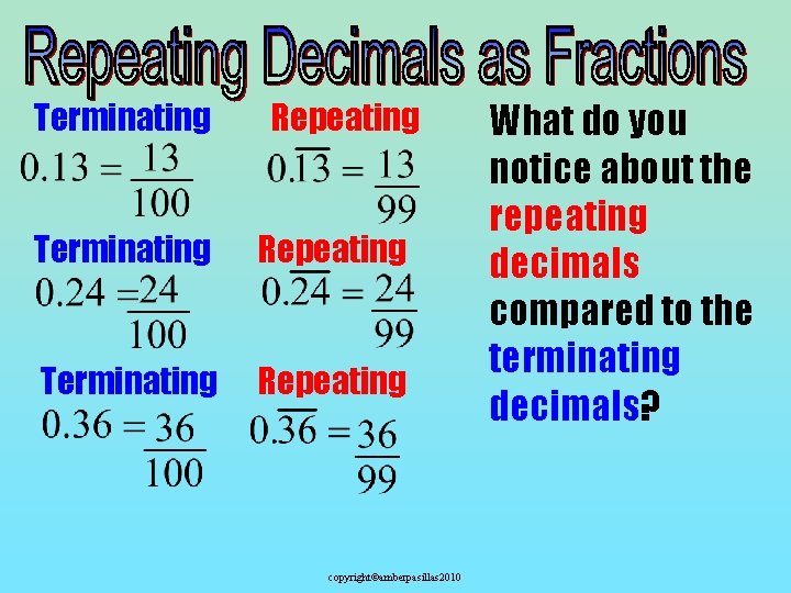 Terminating Repeating copyright©amberpasillas 2010 What do you notice about the repeating decimals compared to